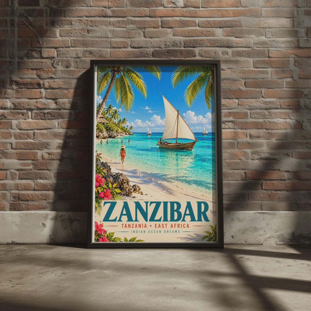 Zanzibar Tanzania Travel Poster, Dhow Sailing Boat, Tropical Island Decor (A4)