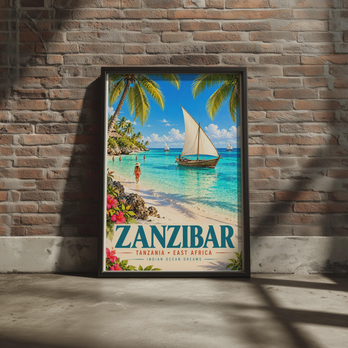 Zanzibar Tanzania Travel Poster, Dhow Sailing Boat, Tropical Island Decor (A4)