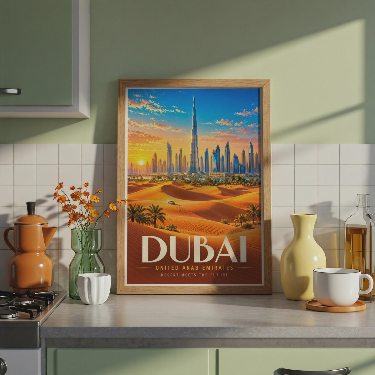 Dubai Travel Poster, Burj Khalifa Skyline, Desert Sunset (Print)