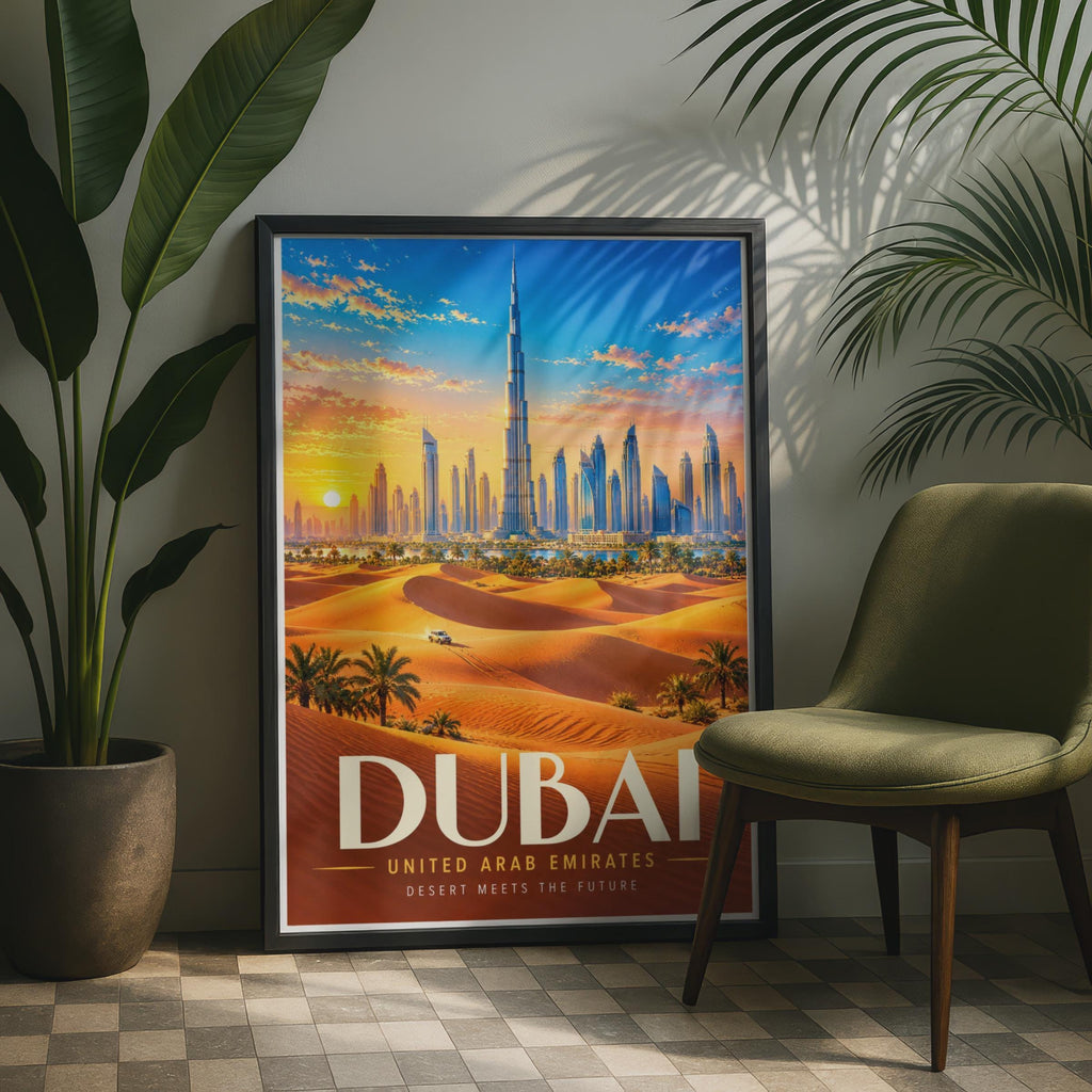 Dubai Travel Poster, Burj Khalifa Skyline, Desert Sunset (Print)