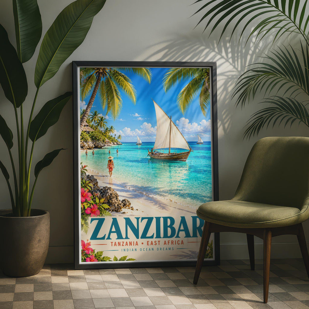 Zanzibar Tanzania Travel Poster, Dhow Sailing Boat, Tropical Island Decor (A4)