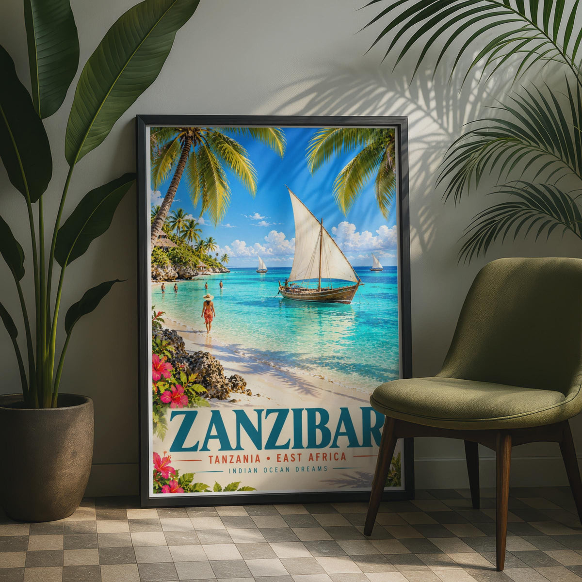 Zanzibar Tanzania Travel Poster, Dhow Sailing Boat, Tropical Island Decor (A4)