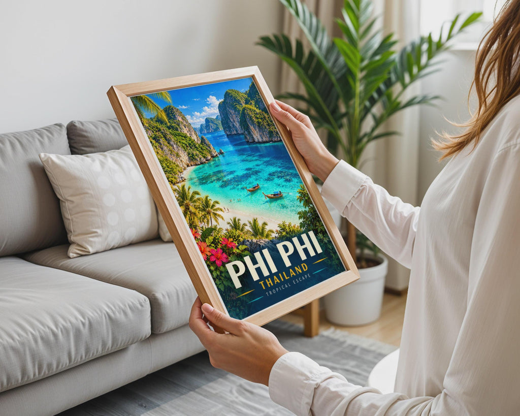 Phi Phi Islands Thailand Travel Poster, Turquoise Lagoon, Limestone Cliffs (Printed)
