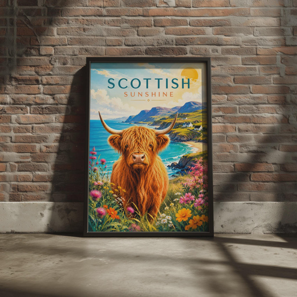 Scottish Highland Cow Coastal Print, Retro Travel Poster, Wildflower Decor