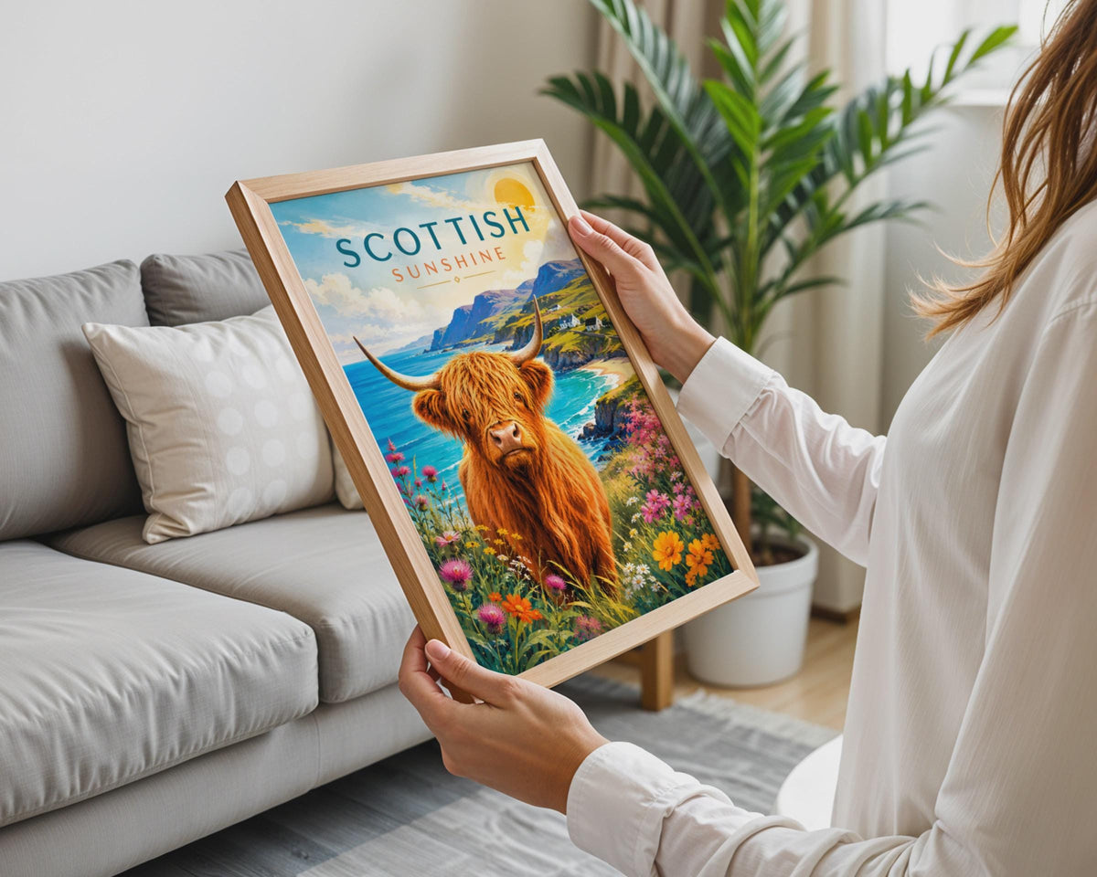 Scottish Highland Cow Coastal Print, Retro Travel Poster, Wildflower Decor