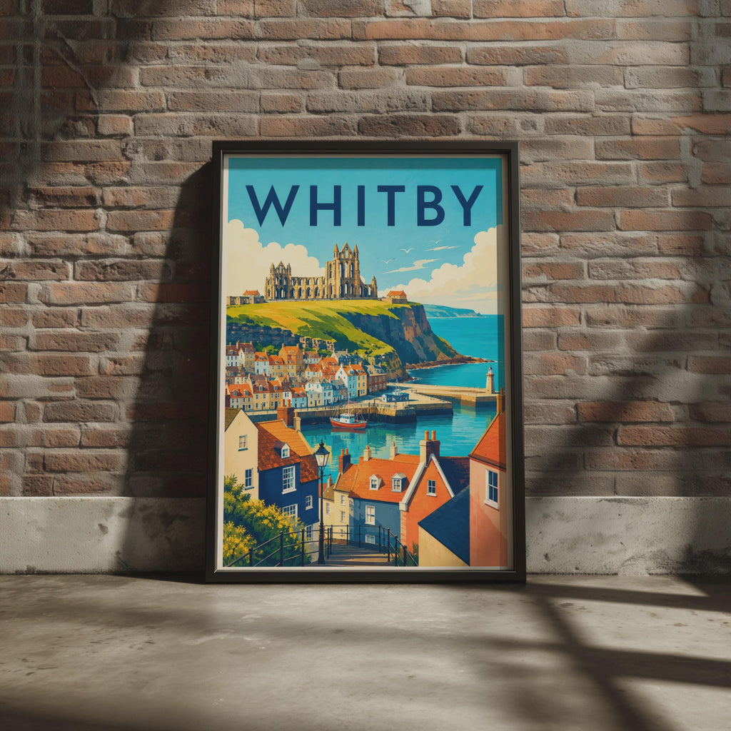 Whitby Abbey Travel Poster, Yorkshire Coast Illustration, Retro Seaside Art (Print)