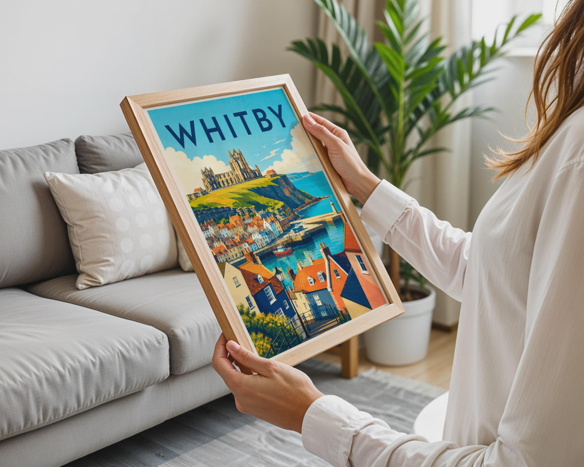 Whitby Abbey Travel Poster, Yorkshire Coast Illustration, Retro Seaside Art (Print)