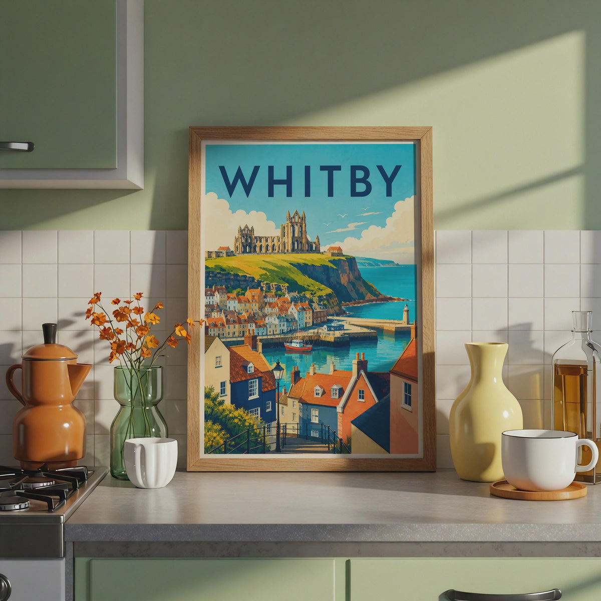Whitby Abbey Travel Poster, Yorkshire Coast Illustration, Retro Seaside Art (Print)