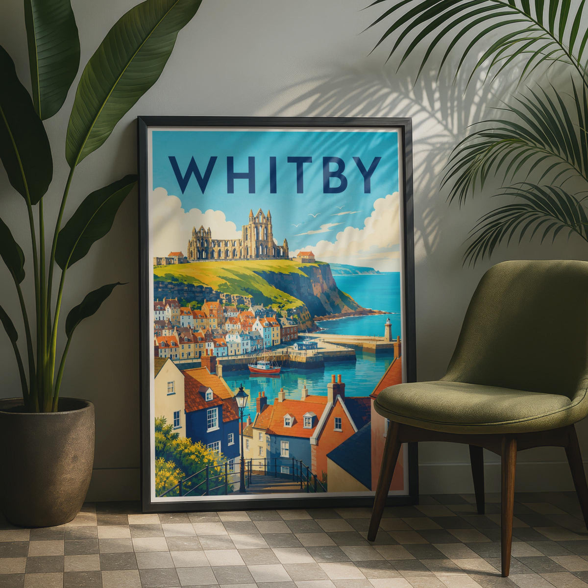 Whitby Abbey Travel Poster, Yorkshire Coast Illustration, Retro Seaside Art (Print)
