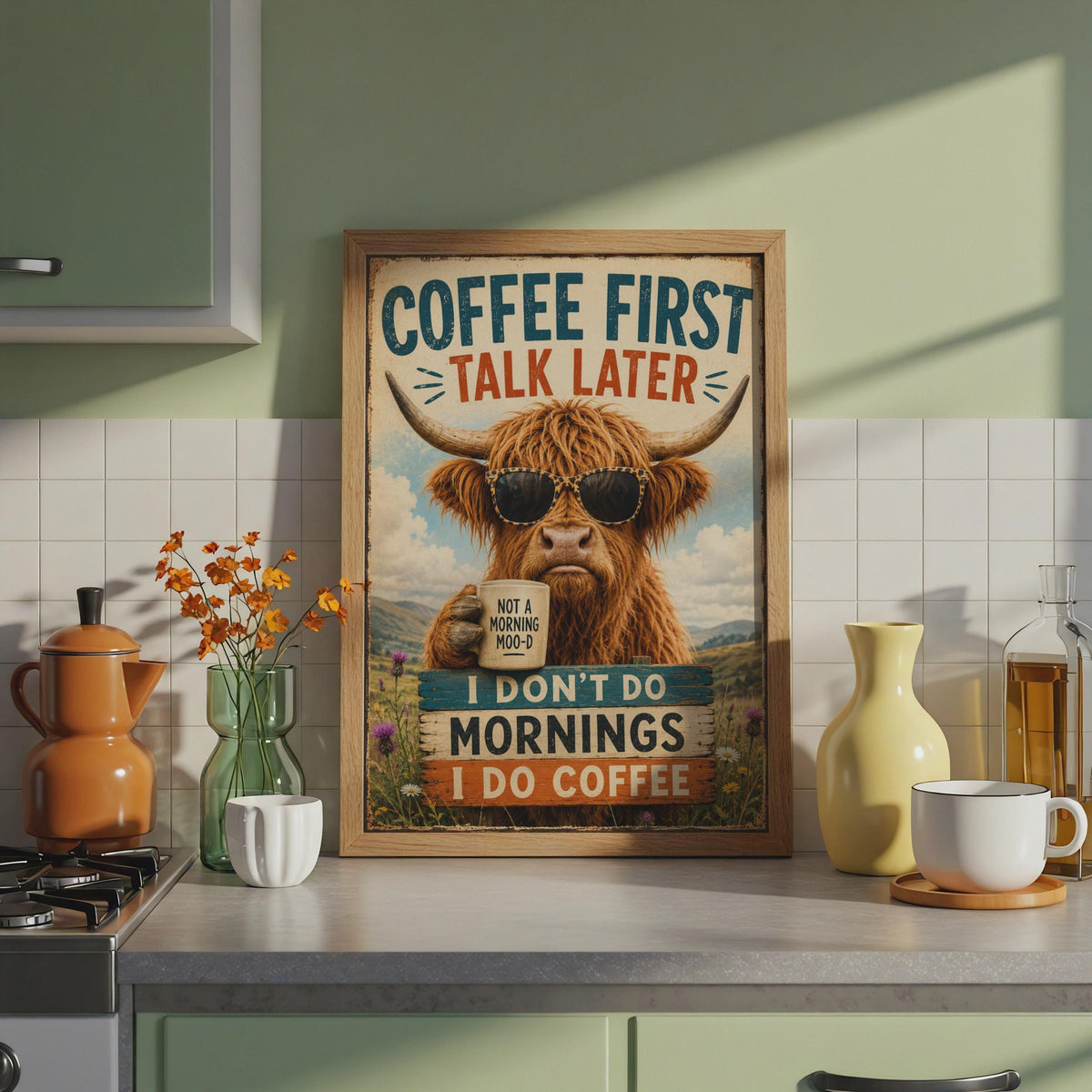 Highland Cow Coffee Poster, Funny Scottish Cow Wall Art, Retro Kitchen Decor