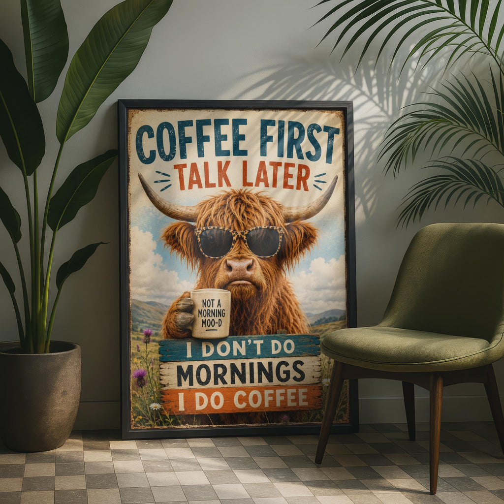Highland Cow Coffee Poster, Funny Scottish Cow Wall Art, Retro Kitchen Decor