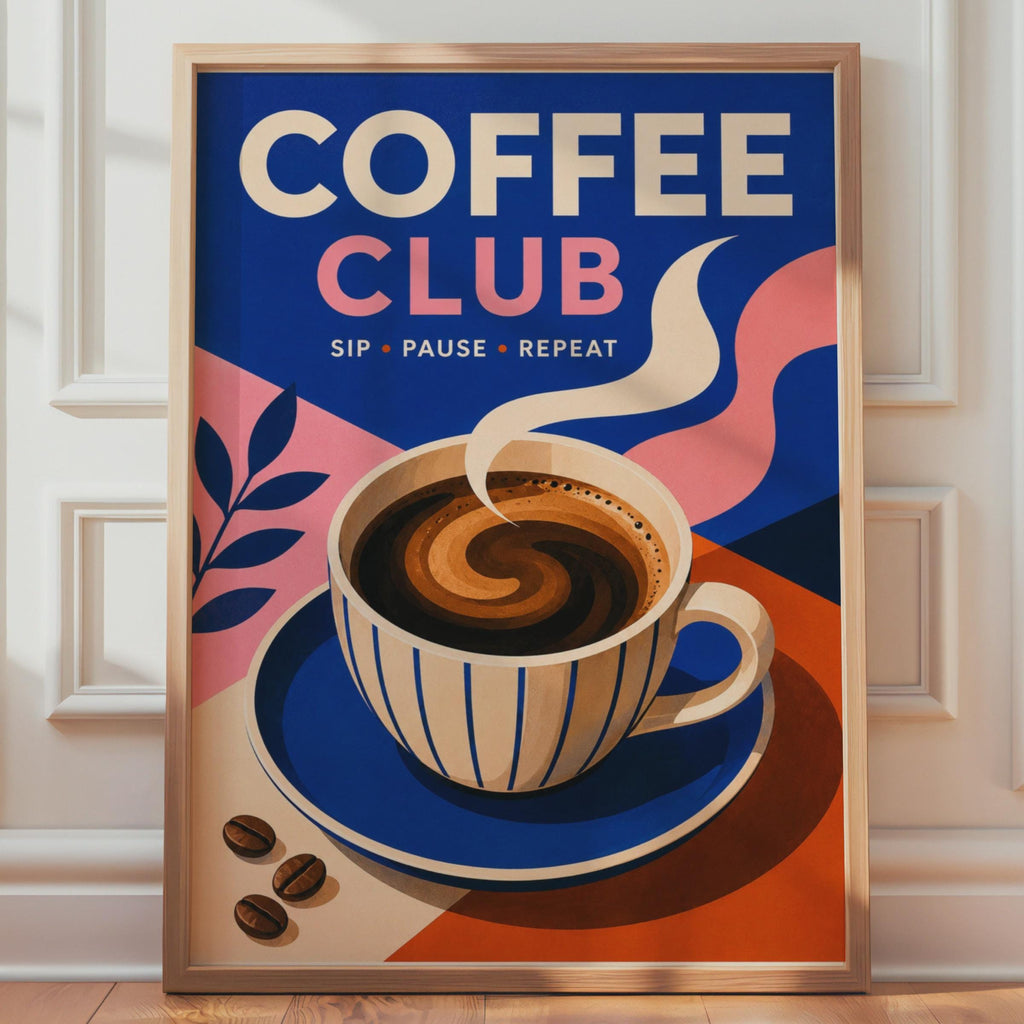 Coffee Club Poster, Retro Kitchen Wall Art, Blue Pink Coffee Lover Gift