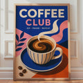 Coffee Club Poster, Retro Kitchen Wall Art, Blue Pink Coffee Lover Gift