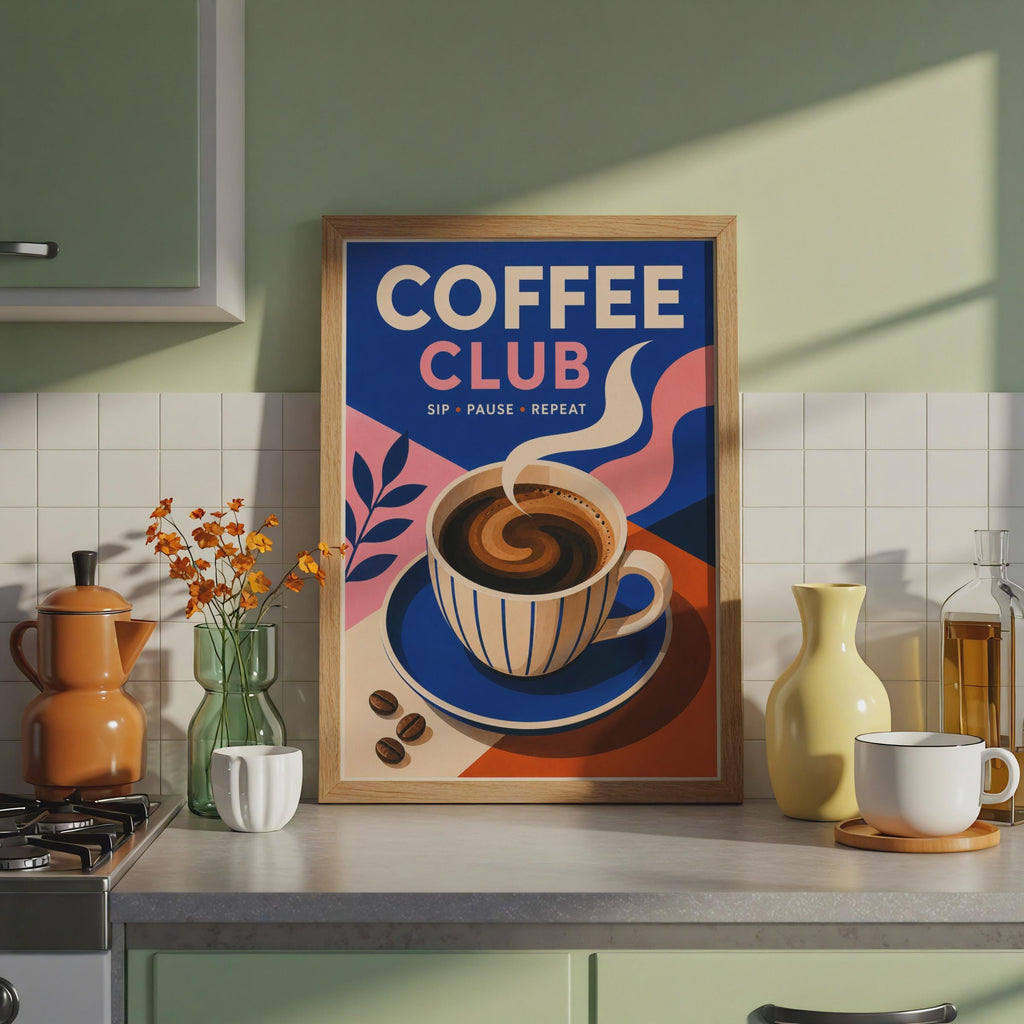 Coffee Club Poster, Retro Kitchen Wall Art, Blue Pink Coffee Lover Gift