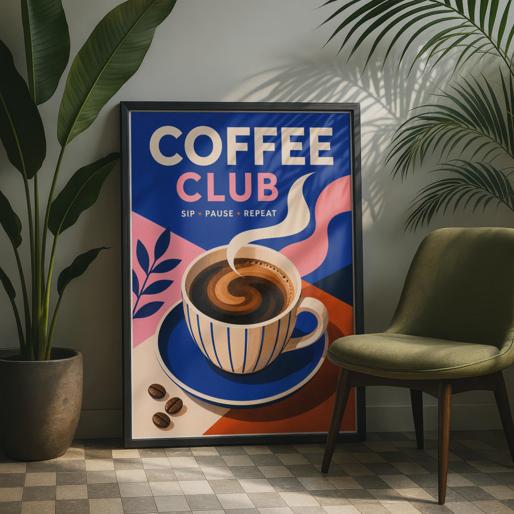 Coffee Club Poster, Retro Kitchen Wall Art, Blue Pink Coffee Lover Gift