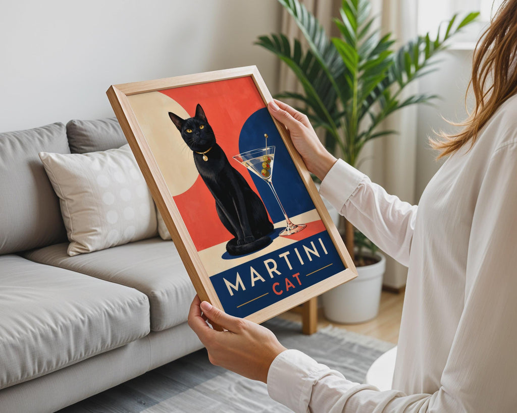 Martini Cat Poster, Black Cat Wall Art, Retro Cocktail Bar Decor (Print)