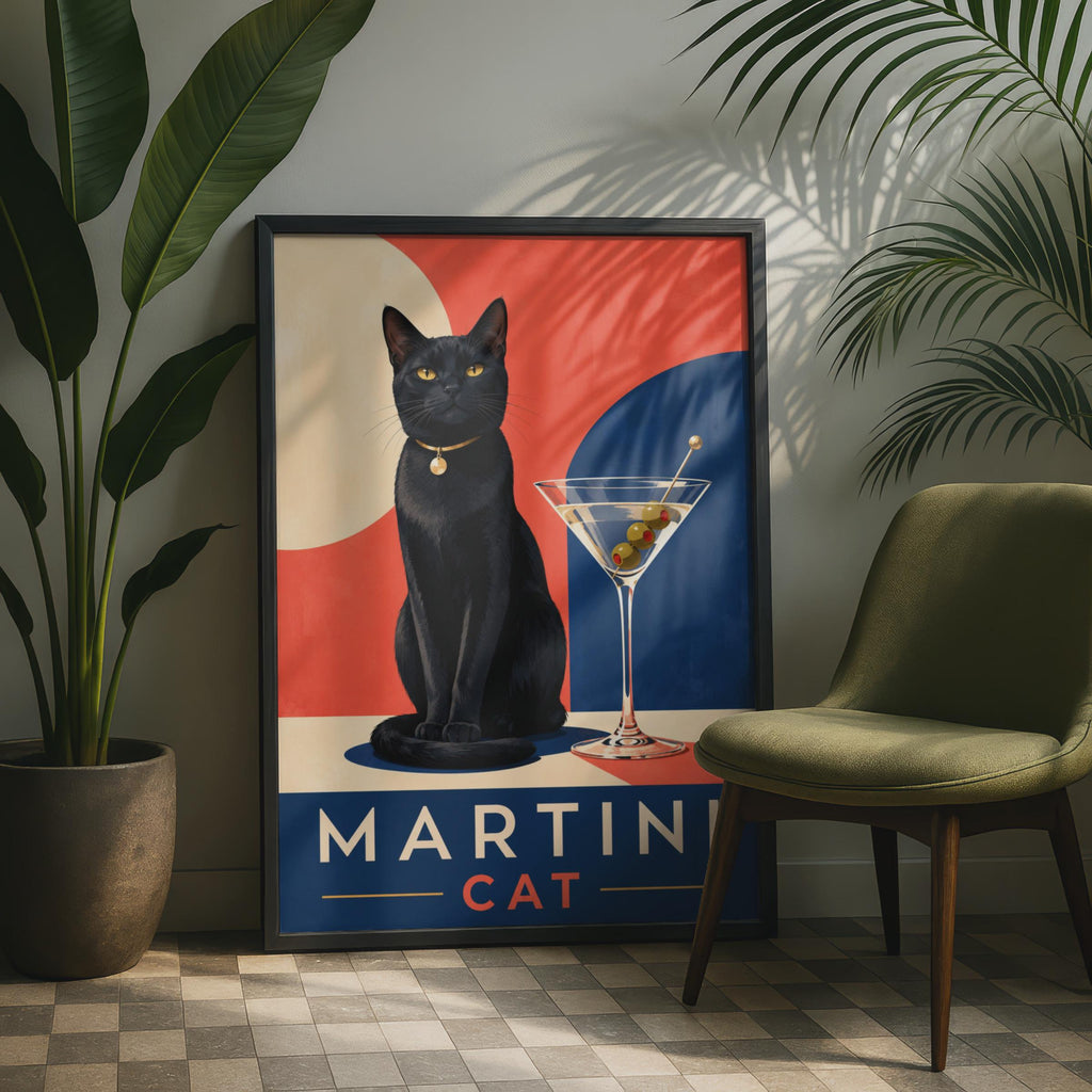 Martini Cat Poster, Black Cat Wall Art, Retro Cocktail Bar Decor (Print)