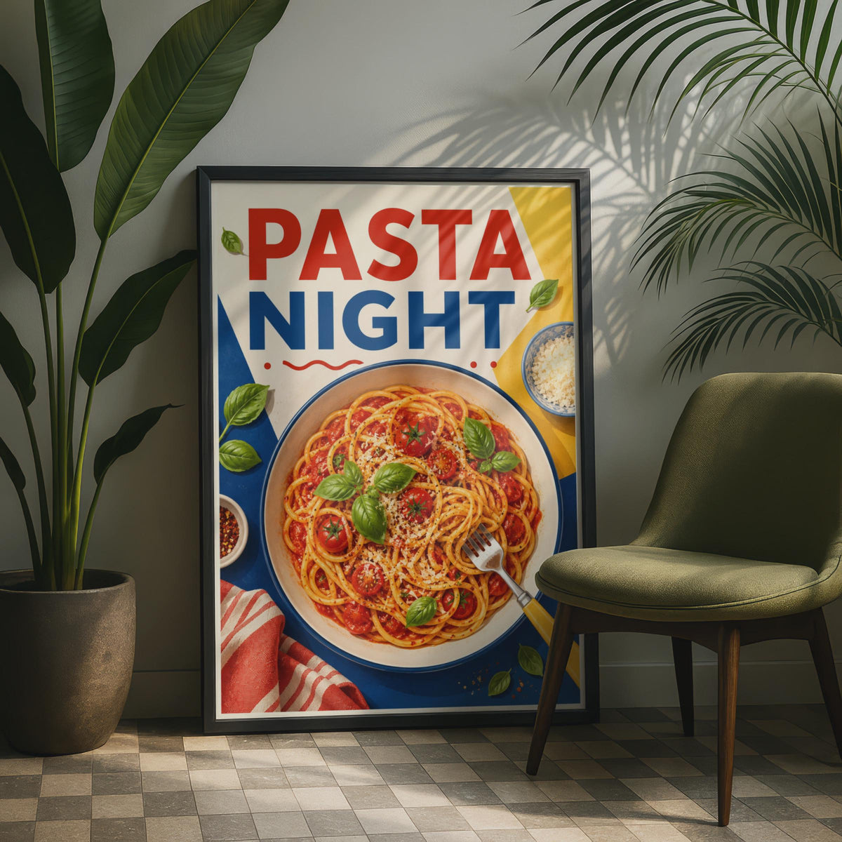 Pasta Night Kitchen Poster, Italian Food Wall Art, Retro Typography (Digital Print)