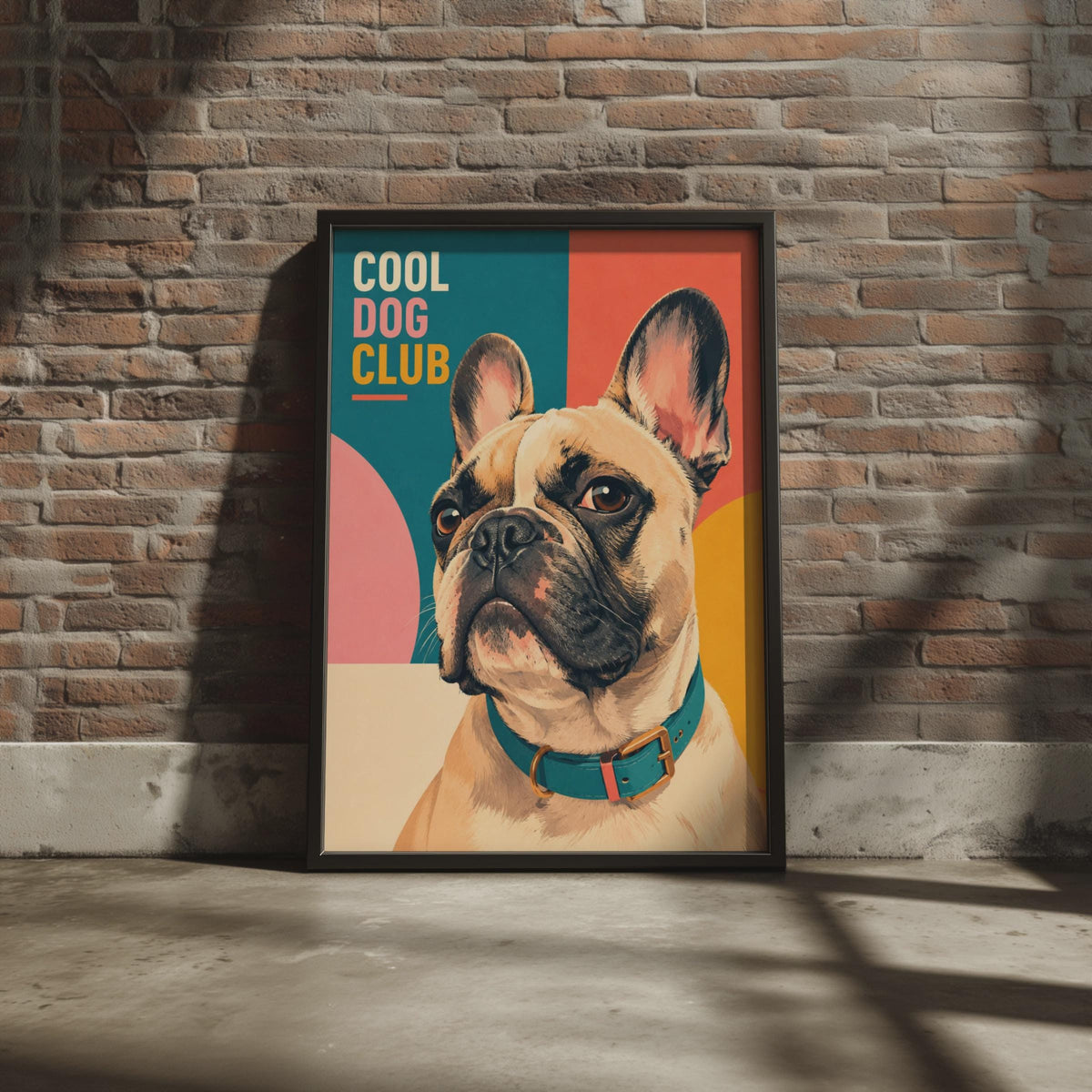Dog Club Frenchie Poster, Retro Teal Pink Geometric Wall Art (A4)