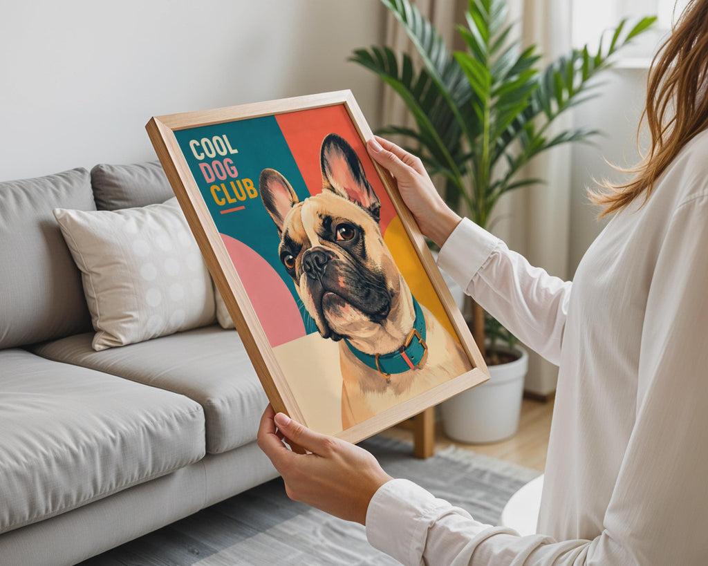 Dog Club Frenchie Poster, Retro Teal Pink Geometric Wall Art (A4)
