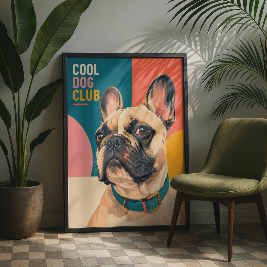 Dog Club Frenchie Poster, Retro Teal Pink Geometric Wall Art (A4)