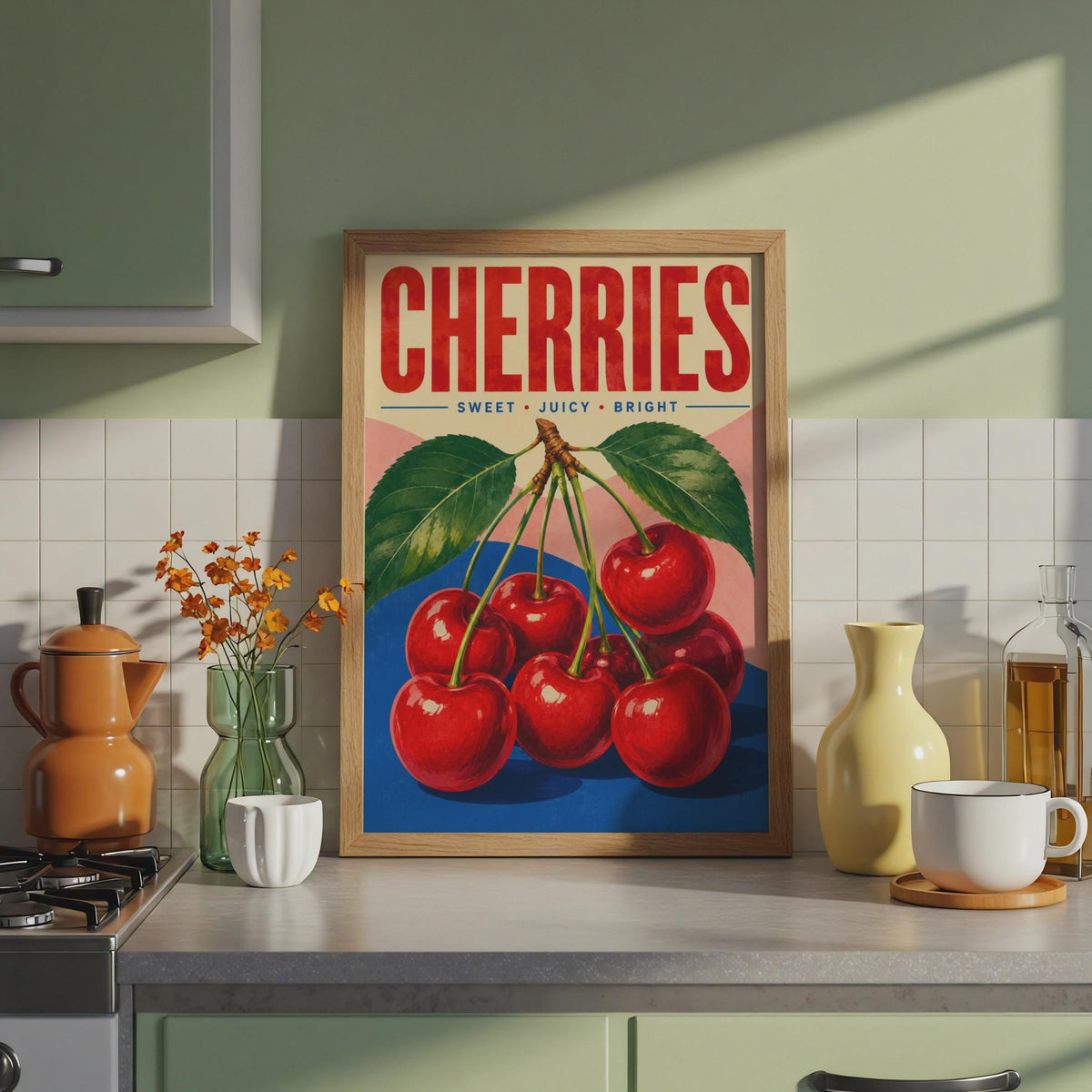 Retro Cherry Illustration Poster, Mid-Century Kitchen Wall Art Print (Digital Download)