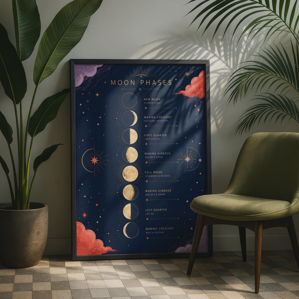 Moon Phases Poster, Celestial Wall Art Print, Navy Gold Lunar Chart (A4)
