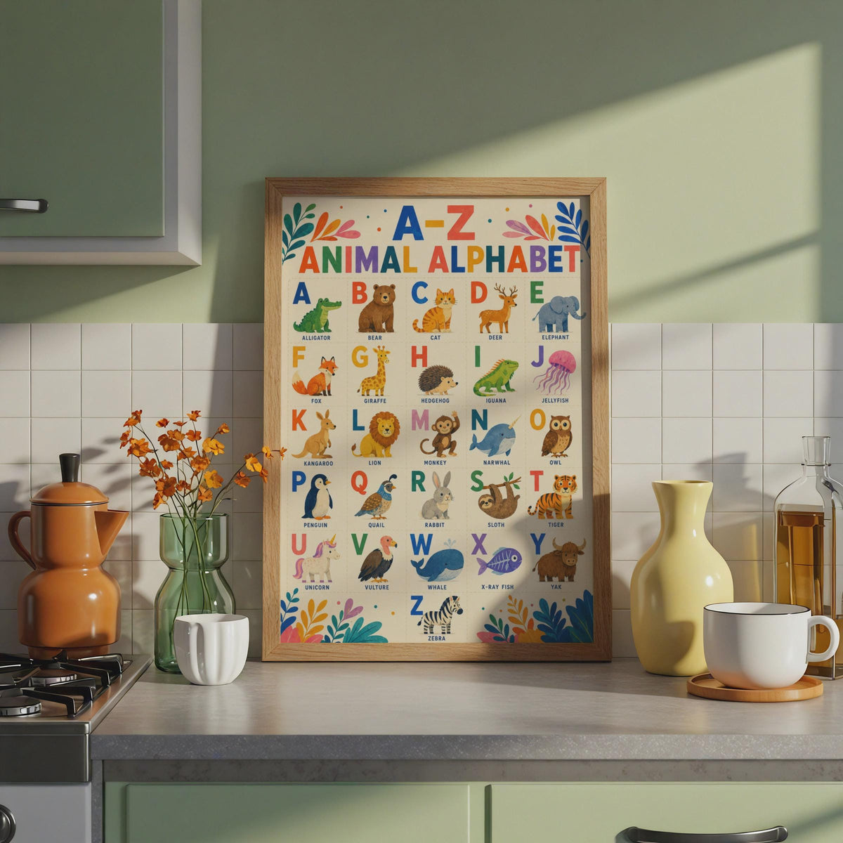 A-Z Animal Alphabet Poster, Watercolor Nursery Wall Art (Printed)