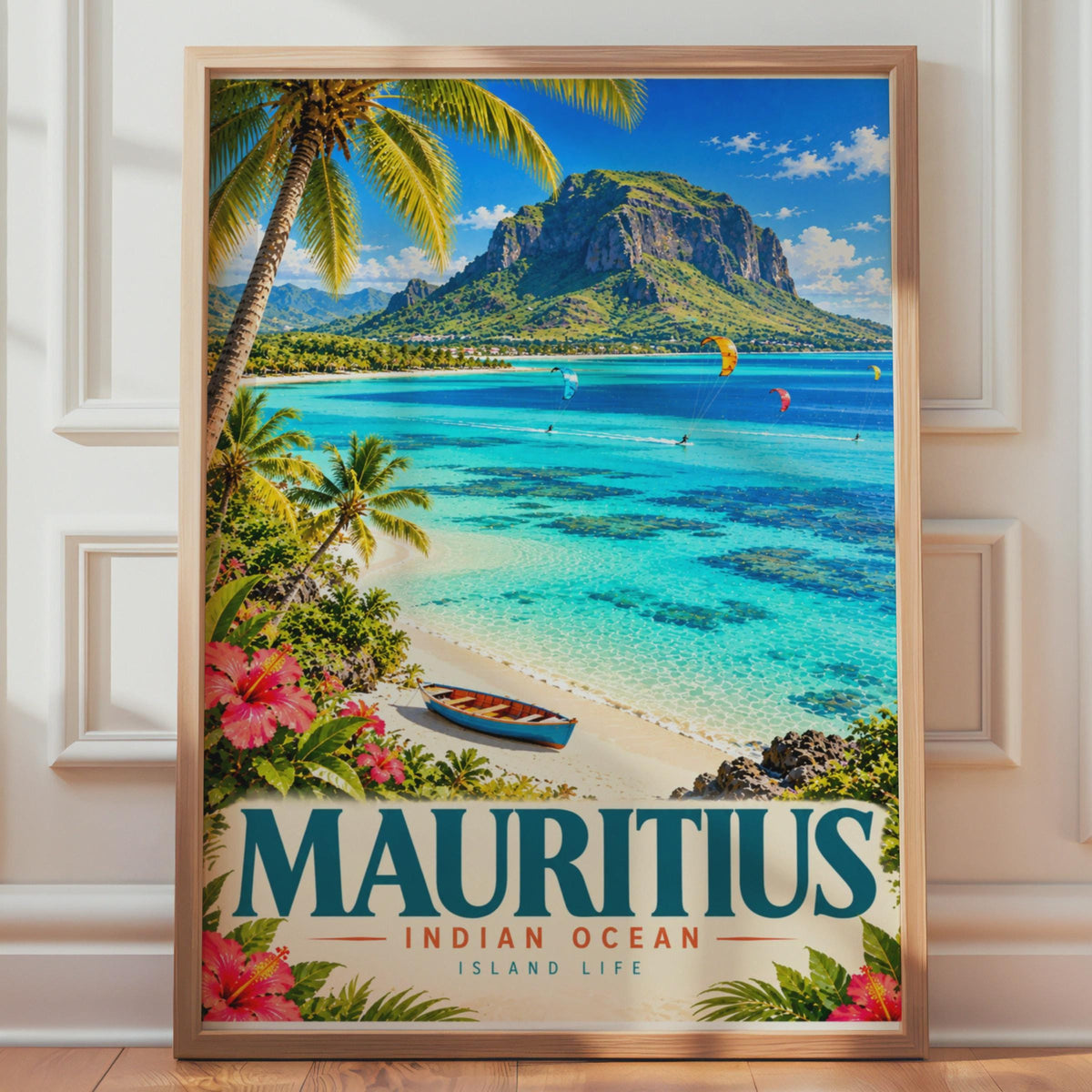 Mauritius Travel Poster, Indian Ocean Island Life, Kitesurfing, Palm Trees (Print)