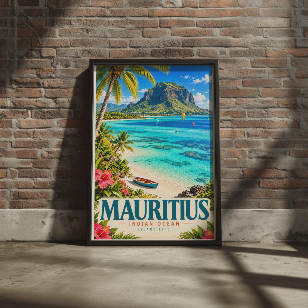 Mauritius Travel Poster, Indian Ocean Island Life, Kitesurfing, Palm Trees (Print)