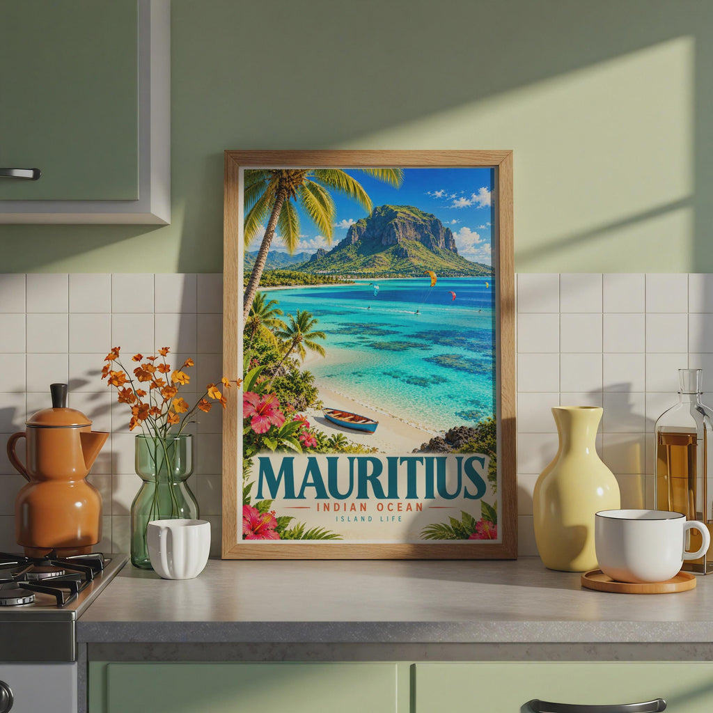 Mauritius Travel Poster, Indian Ocean Island Life, Kitesurfing, Palm Trees (Print)