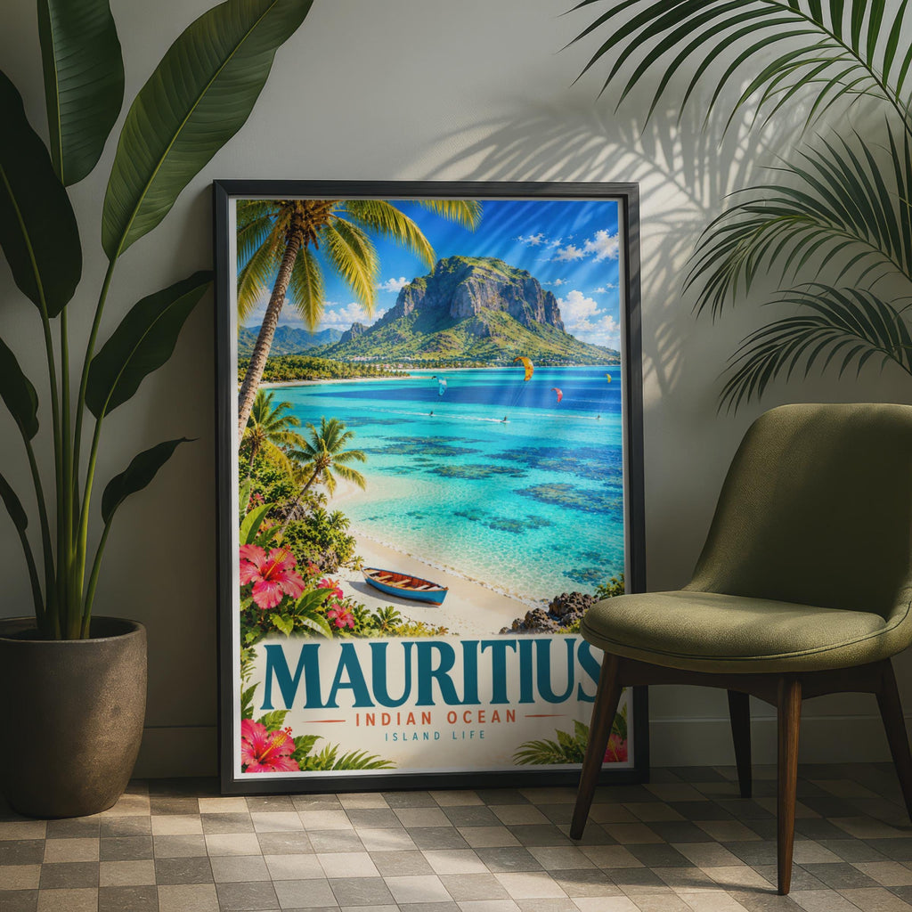 Mauritius Travel Poster, Indian Ocean Island Life, Kitesurfing, Palm Trees (Print)