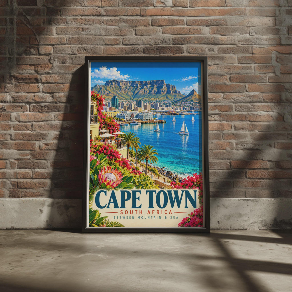 Cape Town Travel Poster, Table Mountain, Harbour Sailboats, Retro City Art (Print)