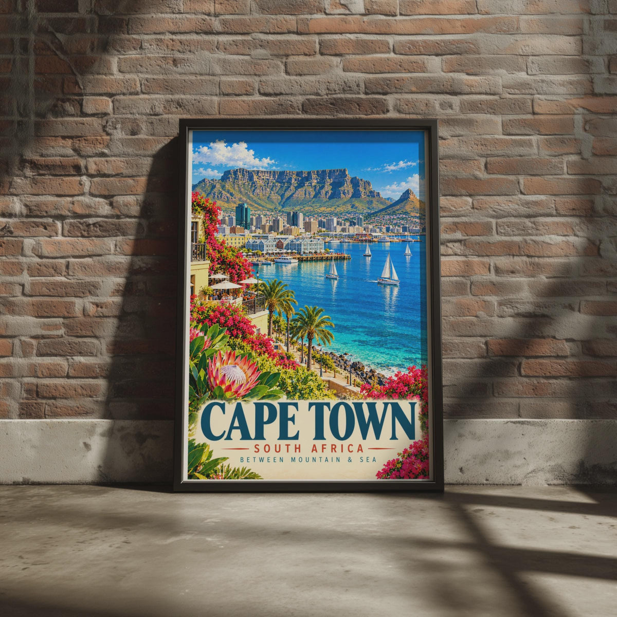Cape Town Travel Poster, Table Mountain, Harbour Sailboats, Retro City Art (Print)
