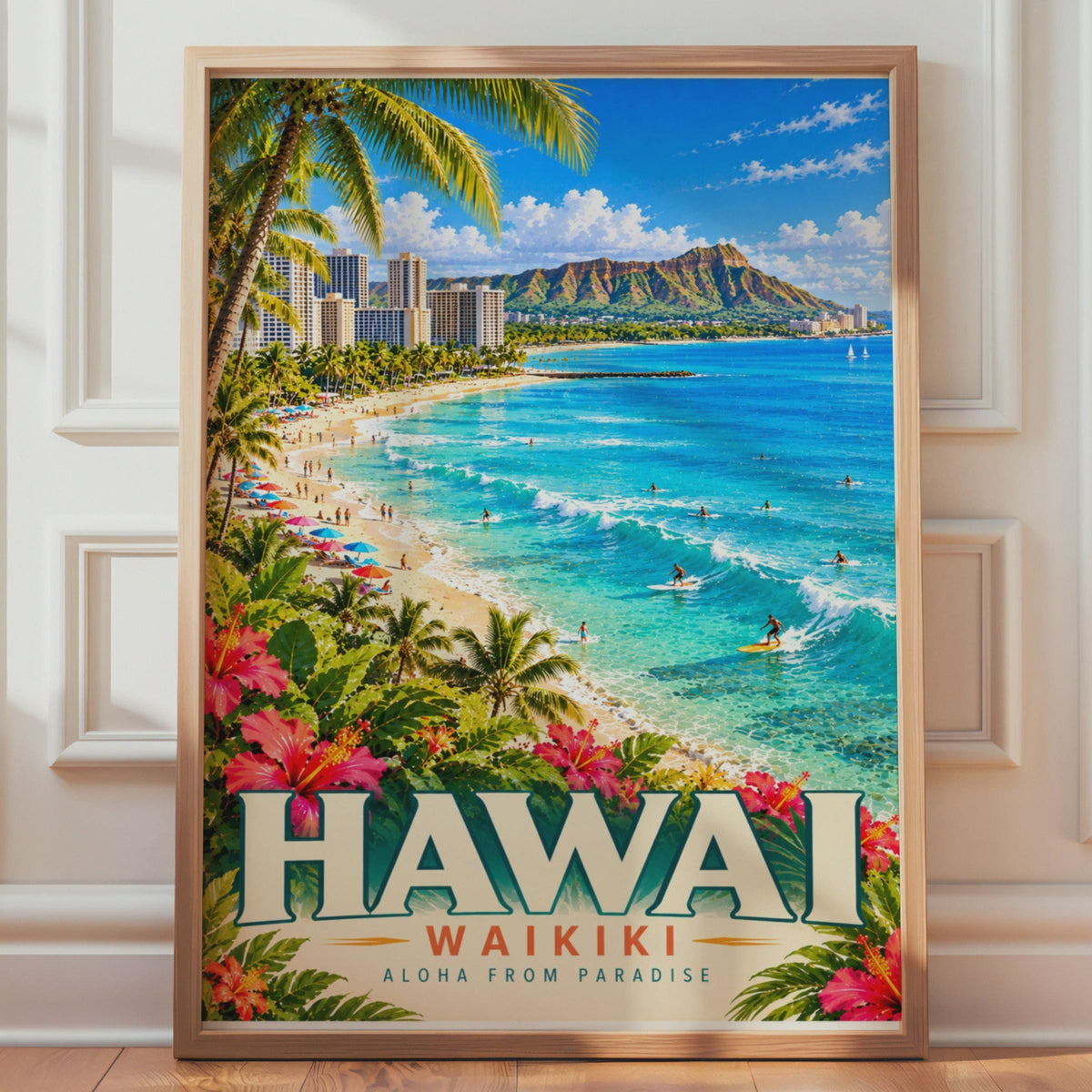 Vintage Waikiki Beach Poster, Diamond Head, Tropical Surf Art (Physical Print)