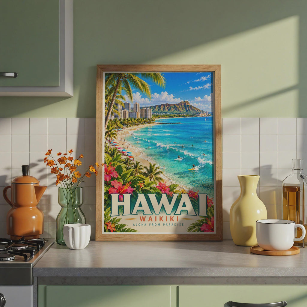 Vintage Waikiki Beach Poster, Diamond Head, Tropical Surf Art (Physical Print)
