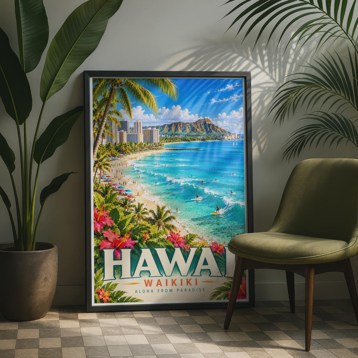 Vintage Waikiki Beach Poster, Diamond Head, Tropical Surf Art (Physical Print)