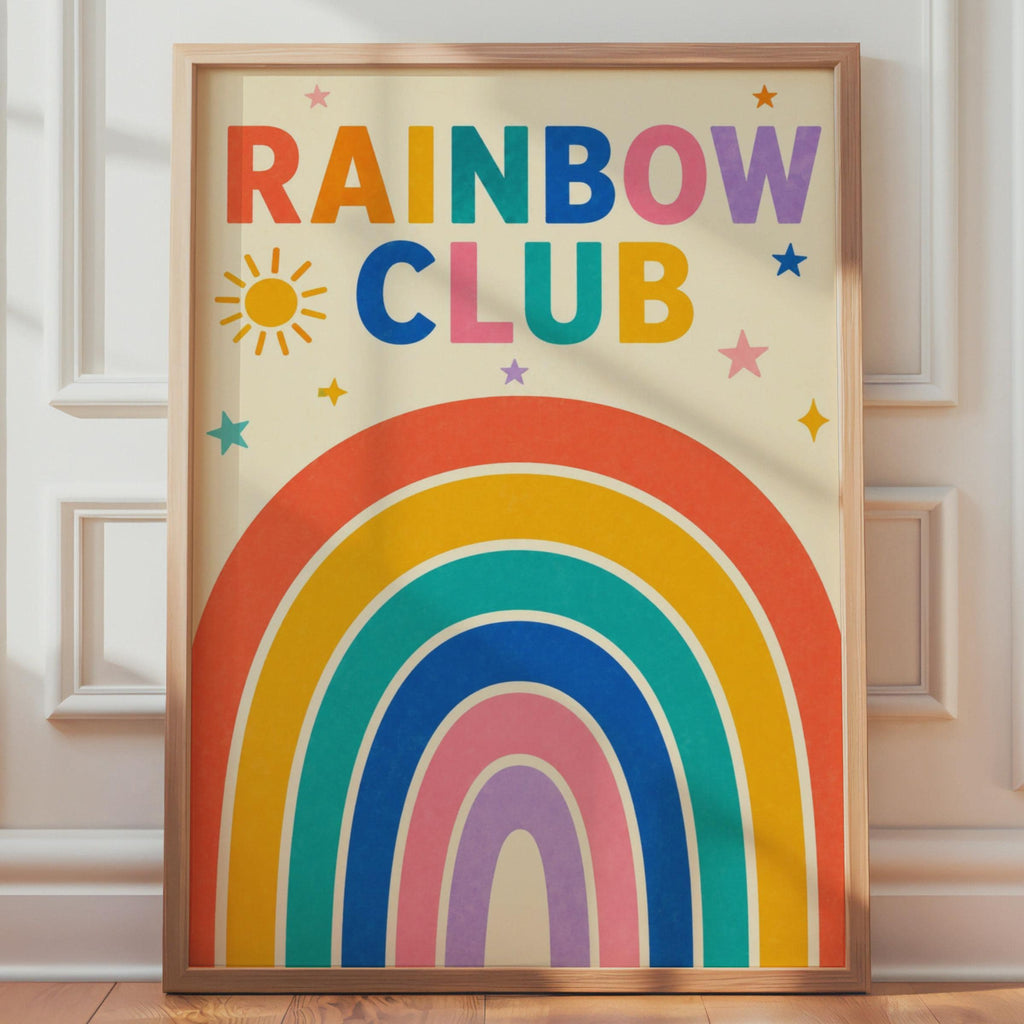 Rainbow Club Poster, Colorful Kids Room Wall Art, Sun Stars (A4)