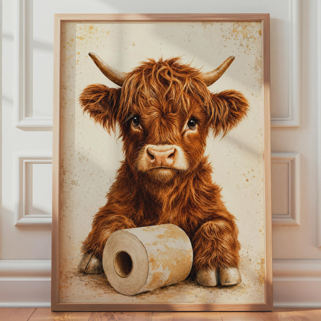 Highland Cow Toilet Roll Print, Watercolour Bathroom Art, Rustic Farmhouse Decor