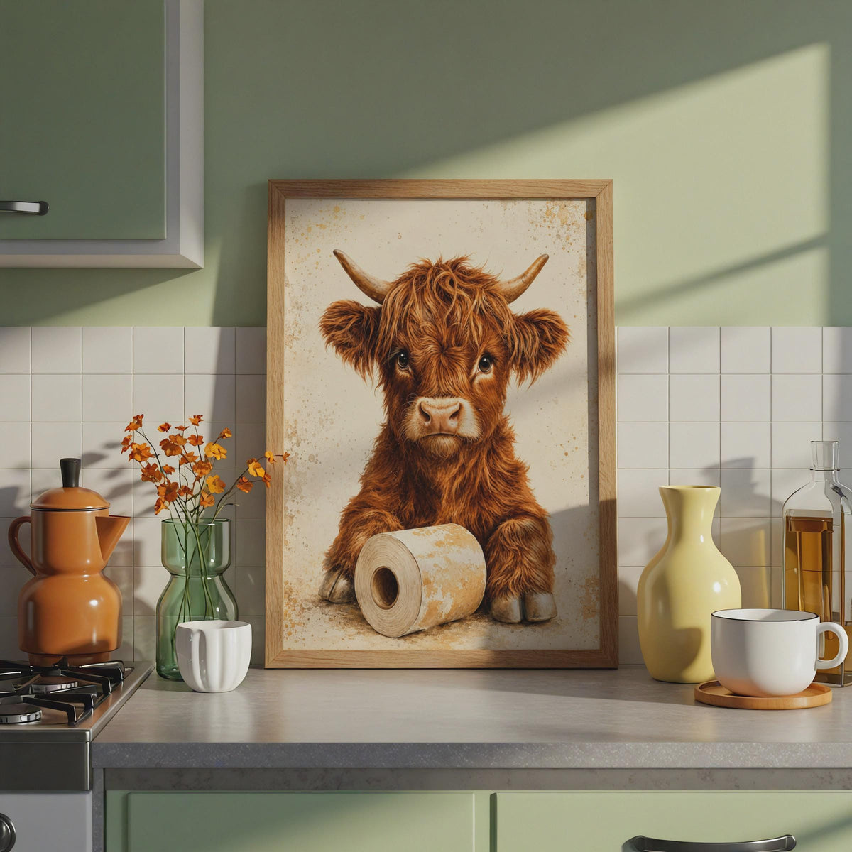Highland Cow Toilet Roll Print, Watercolour Bathroom Art, Rustic Farmhouse Decor