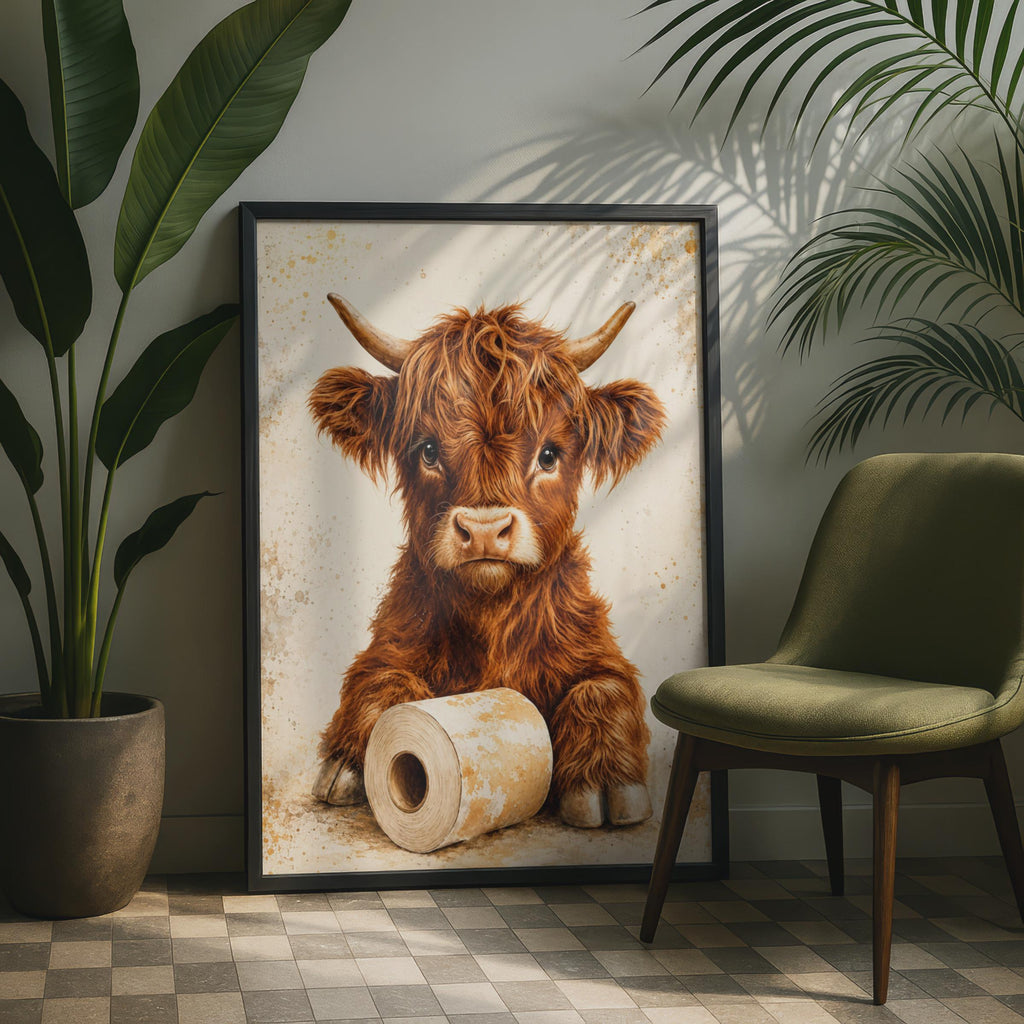 Highland Cow Toilet Roll Print, Watercolour Bathroom Art, Rustic Farmhouse Decor