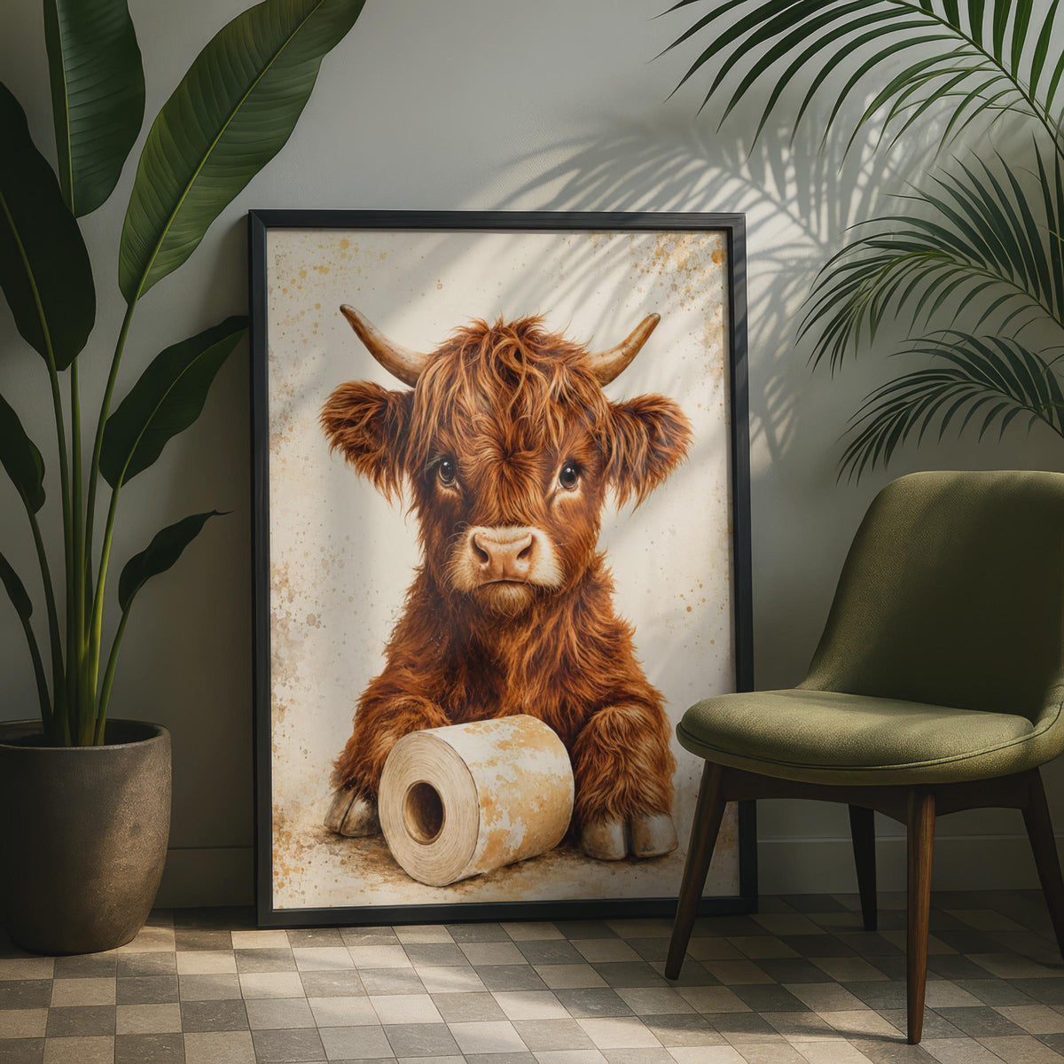 Highland Cow Toilet Roll Print, Watercolour Bathroom Art, Rustic Farmhouse Decor