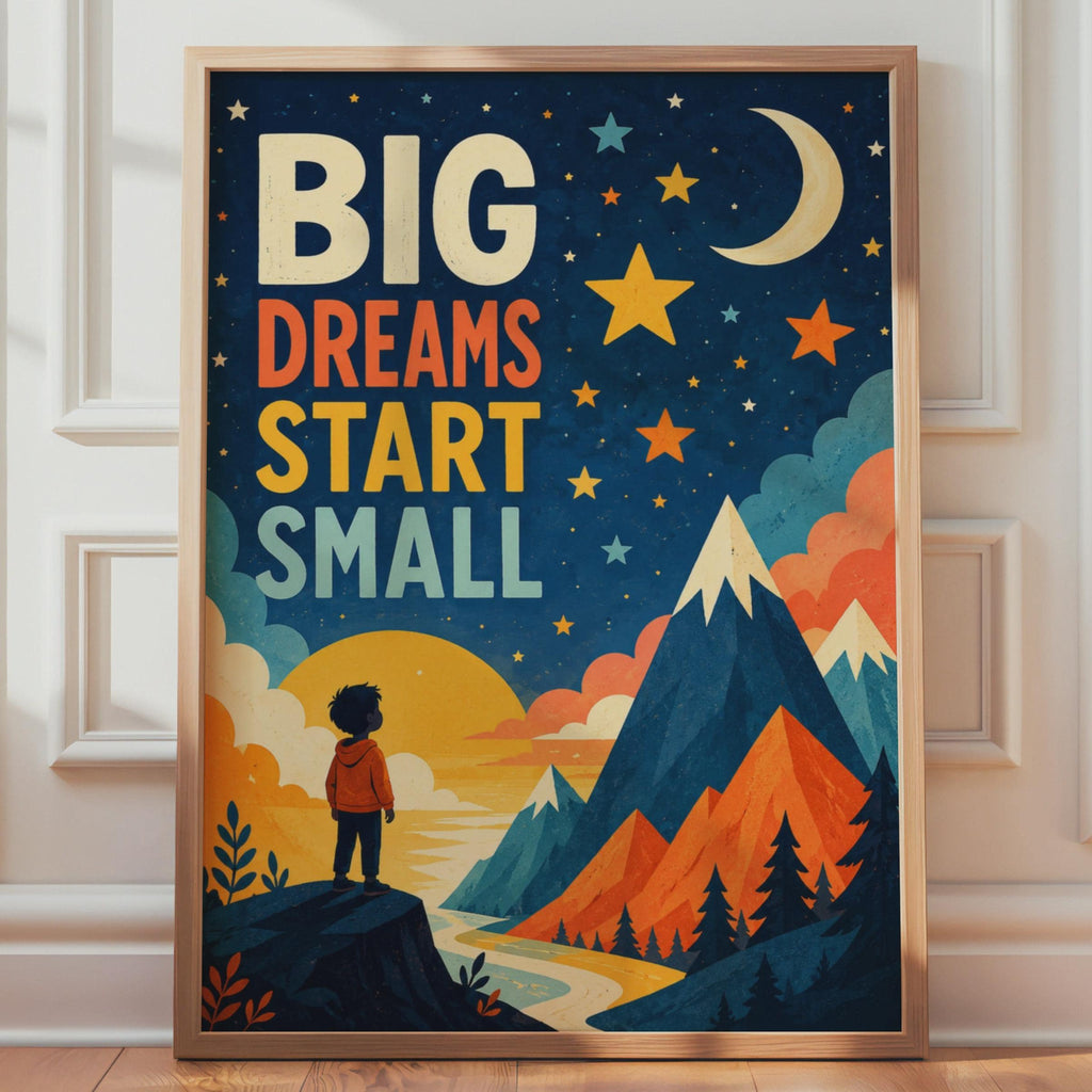 Big Dreams Start Small Kids Poster, Mountain Stars, Retro Illustration (Print)
