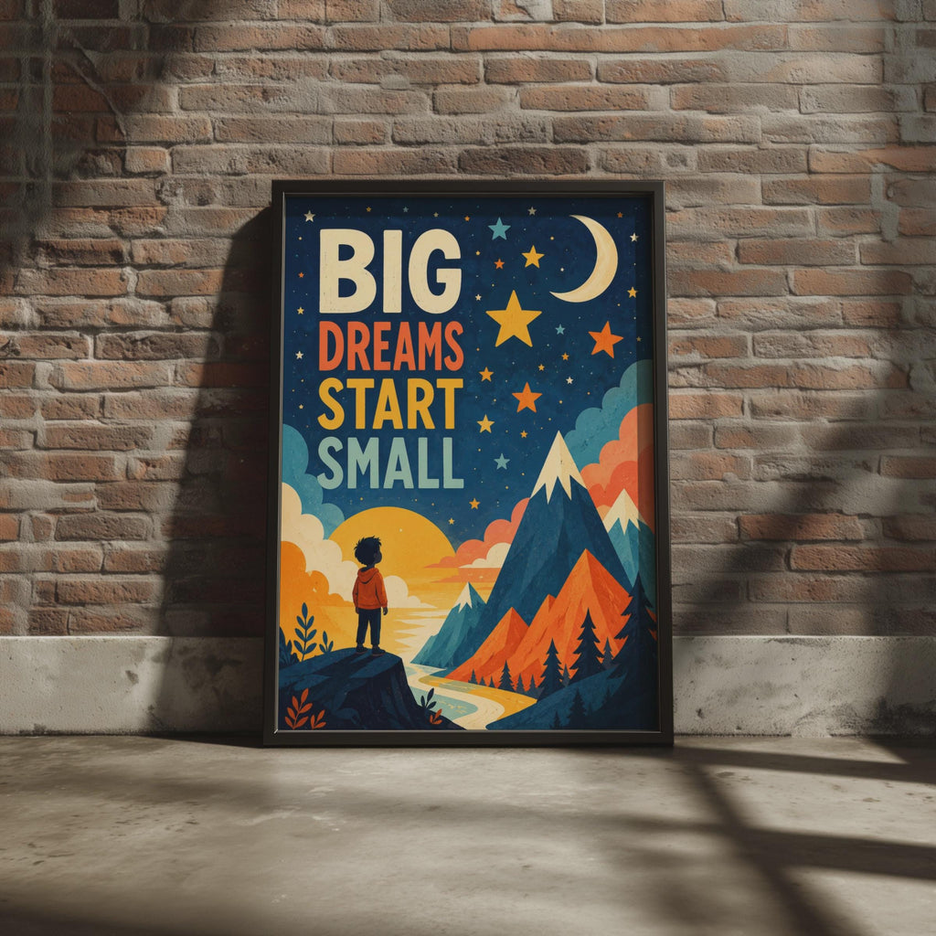 Big Dreams Start Small Kids Poster, Mountain Stars, Retro Illustration (Print)
