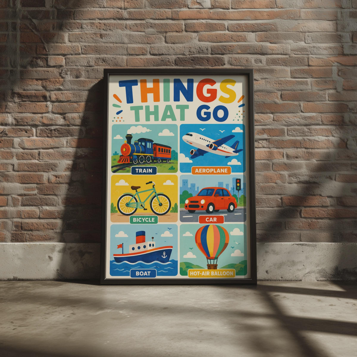 Things That Go Transport Poster, Train Aeroplane Car Boat Bicycle (Printed)