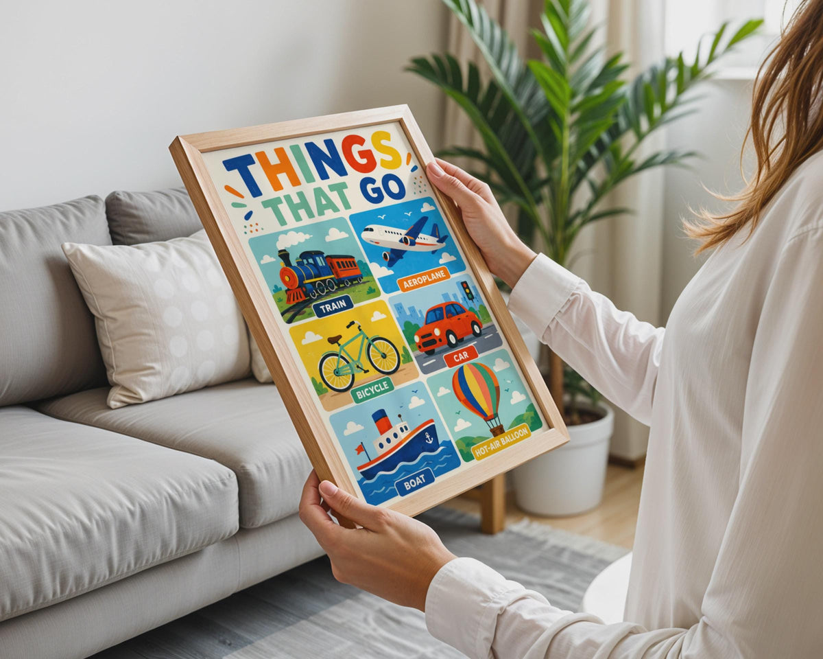Things That Go Transport Poster, Train Aeroplane Car Boat Bicycle (Printed)