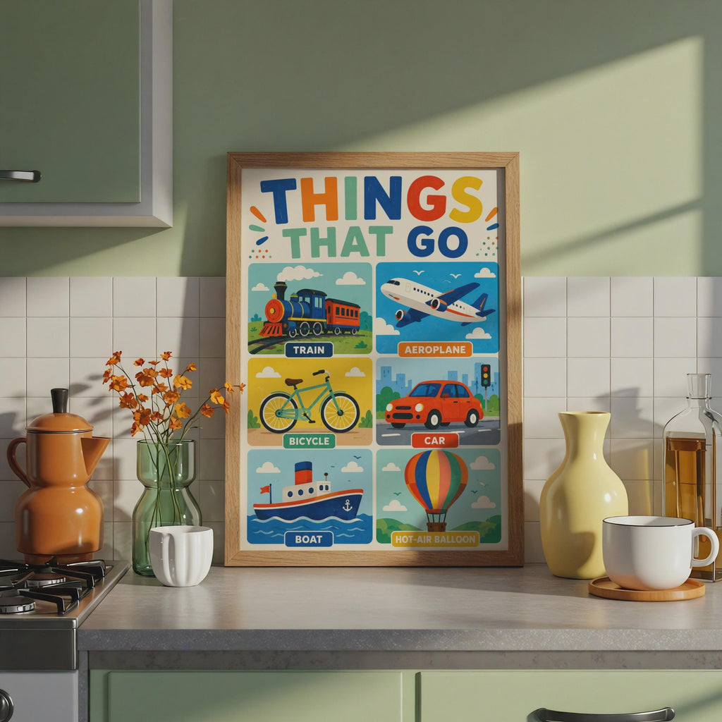 Things That Go Transport Poster, Train Aeroplane Car Boat Bicycle (Printed)