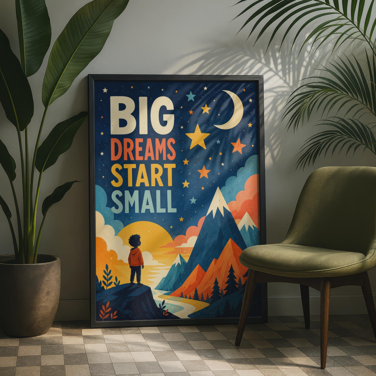 Big Dreams Start Small Kids Poster, Mountain Stars, Retro Illustration (Print)