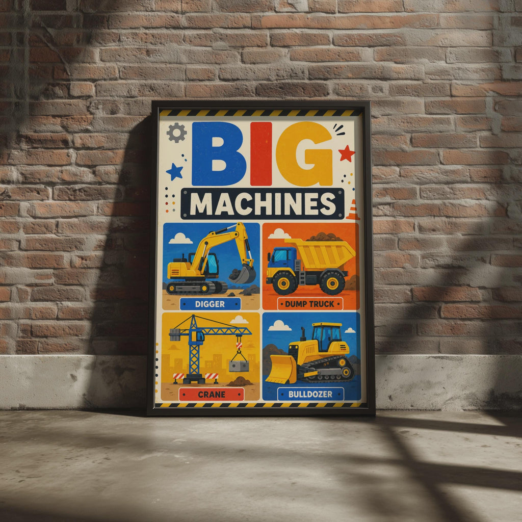 Big Machines Construction Poster, Digger, Crane, Bulldozer, Dump Truck (Print)