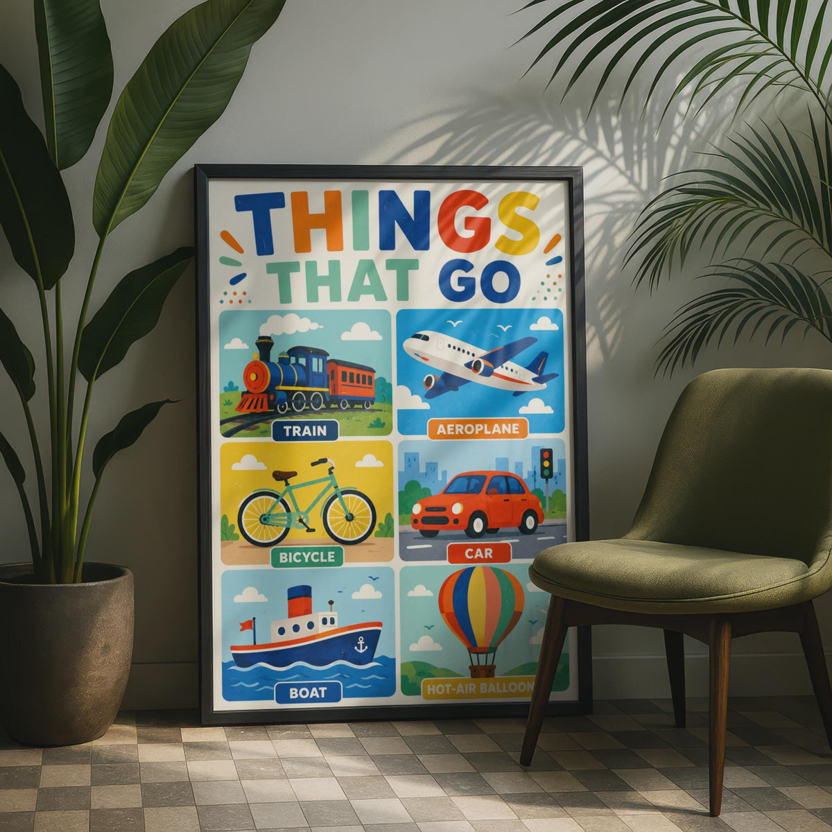 Things That Go Transport Poster, Train Aeroplane Car Boat Bicycle (Printed)